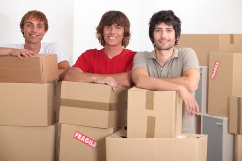 Three young men with light skin and casual clothing, including a white, red, and grey shirt, are positioned behind a collection of stacked cardboard moving boxes in a well-lit, neutral-toned room. The boxes vary in size and are sealed with brown packing tape, some displaying red 'FRAGILE' stickers. The men are smiling and leaning on the boxes with their arms resting on top, suggesting a friendly and positive attitude towards house relocation. In the background, additional boxes are visible, indicating an active packing or unpacking process typical of house removals in Sutton. The environment appears to be within a residential interior, with plain white walls providing a clean, professional setting. The overall scene demonstrates the preparation phase of a local move, featuring essential household items such as boxes and the relaxed demeanor of individuals involved in a professional removals service, like Sutton Man with Van.